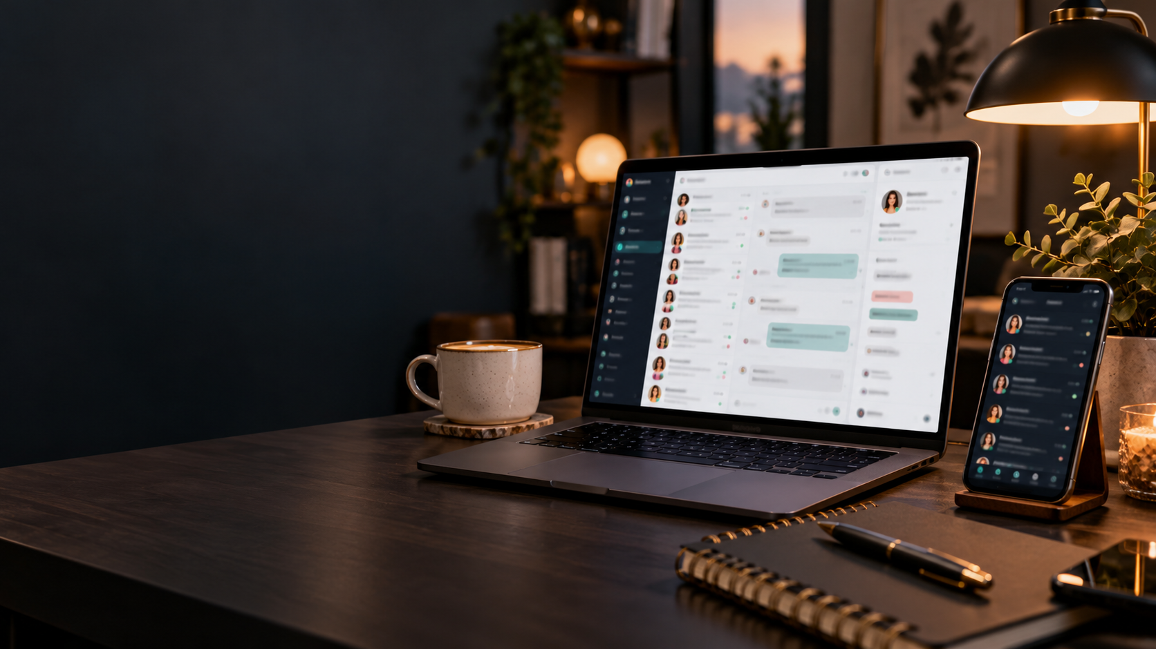 Professional workspace with a laptop displaying a messaging dashboard